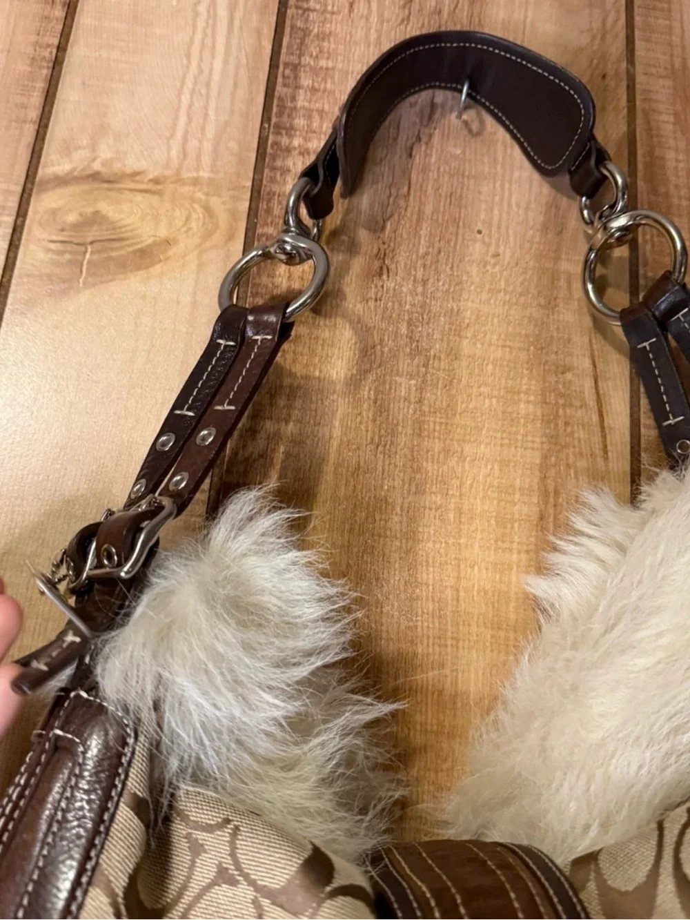 Coach Brown Signature Hobo with Cream Fur Trim
